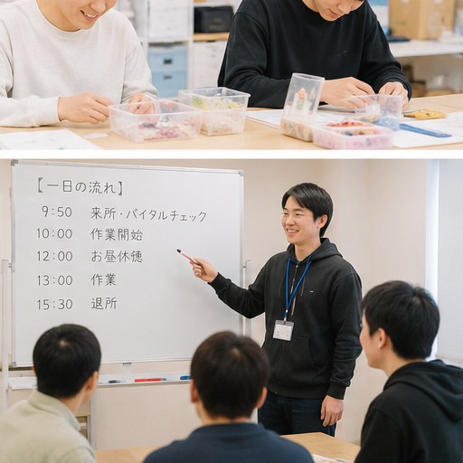1日の流れをホワイトボードで説明するスタッフ